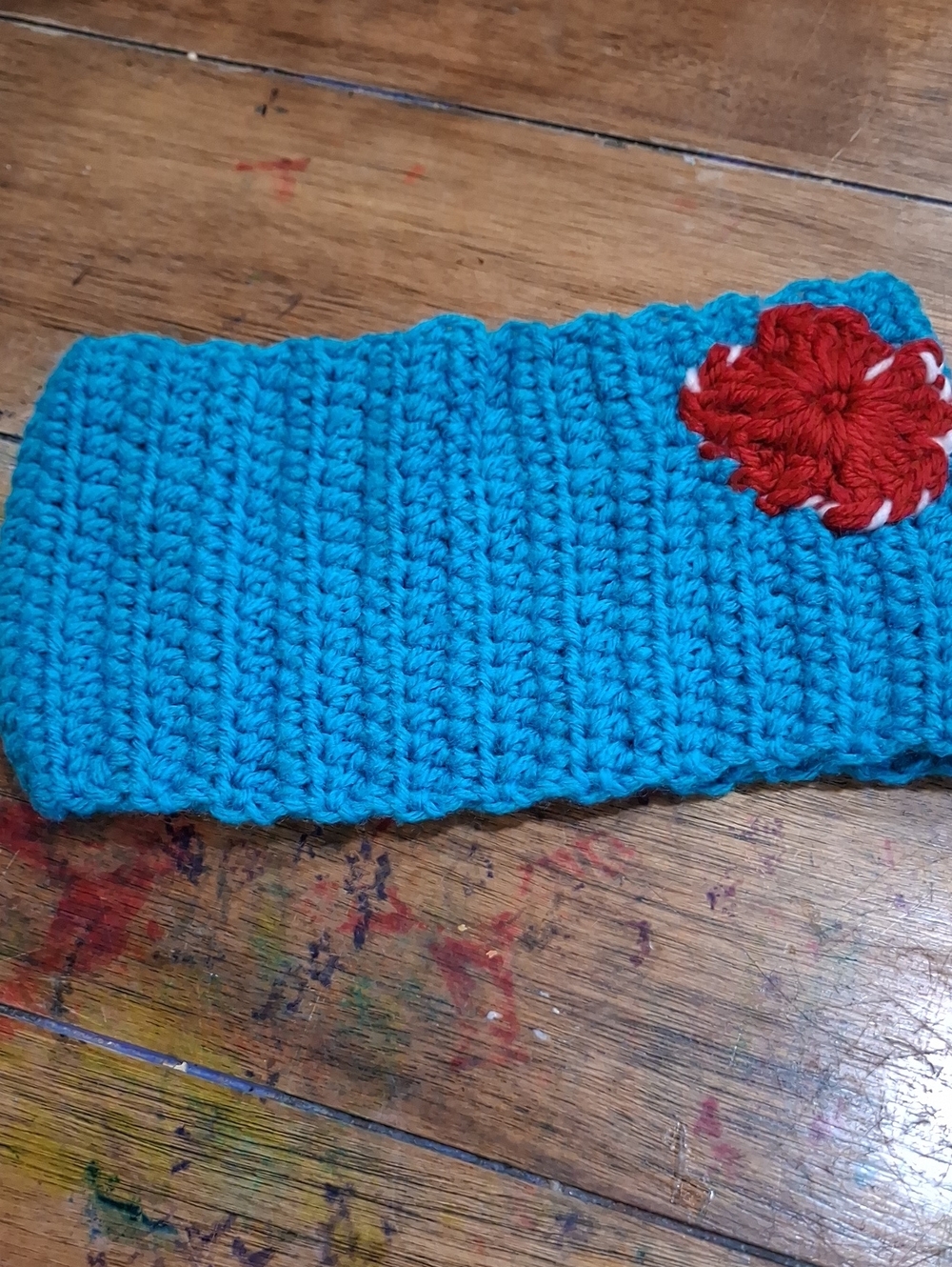 Handmade Crochet Turquoise Ear Warmer Headband with Red Flower